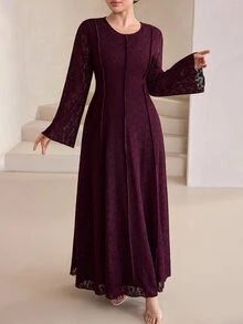 Graceveil Deep Purple Lace Waist-Cinching Round Neck Bell Sleeve Middle Eastern Muslim Arabian Dress - Red Violet - View 3