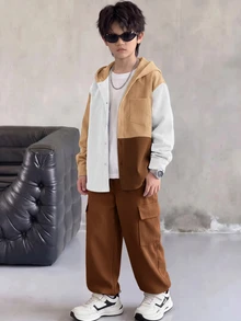 SHEIN 青少年男孩休閒運動學院風百搭抓絨拼色拼接連帽外套與鬆緊腰長褲套裝，適合通勤、上學、日常休閒外出、運動，秋冬穿著 - 彩色 - 查看 3