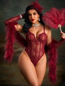 PinupPomp Body moldeador de encaje ultra sexy con mangas, estilo hot girl, atuendo de fiesta y lencería exterior, escote en V profundo - Burdeos - Ver 3