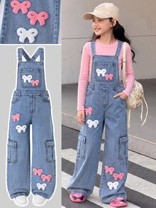 SHEIN ChillGRL Tween Girls Denim Overalls & Jumpsuits New All-Season Blue Distressed Ripped Washed Adjustable Shoulder Strap Bow Towel Embroidery White & Pink Butterfly Pattern Straight Leg Casual Vacation Style Bottoms - Medium Wash - View 1
