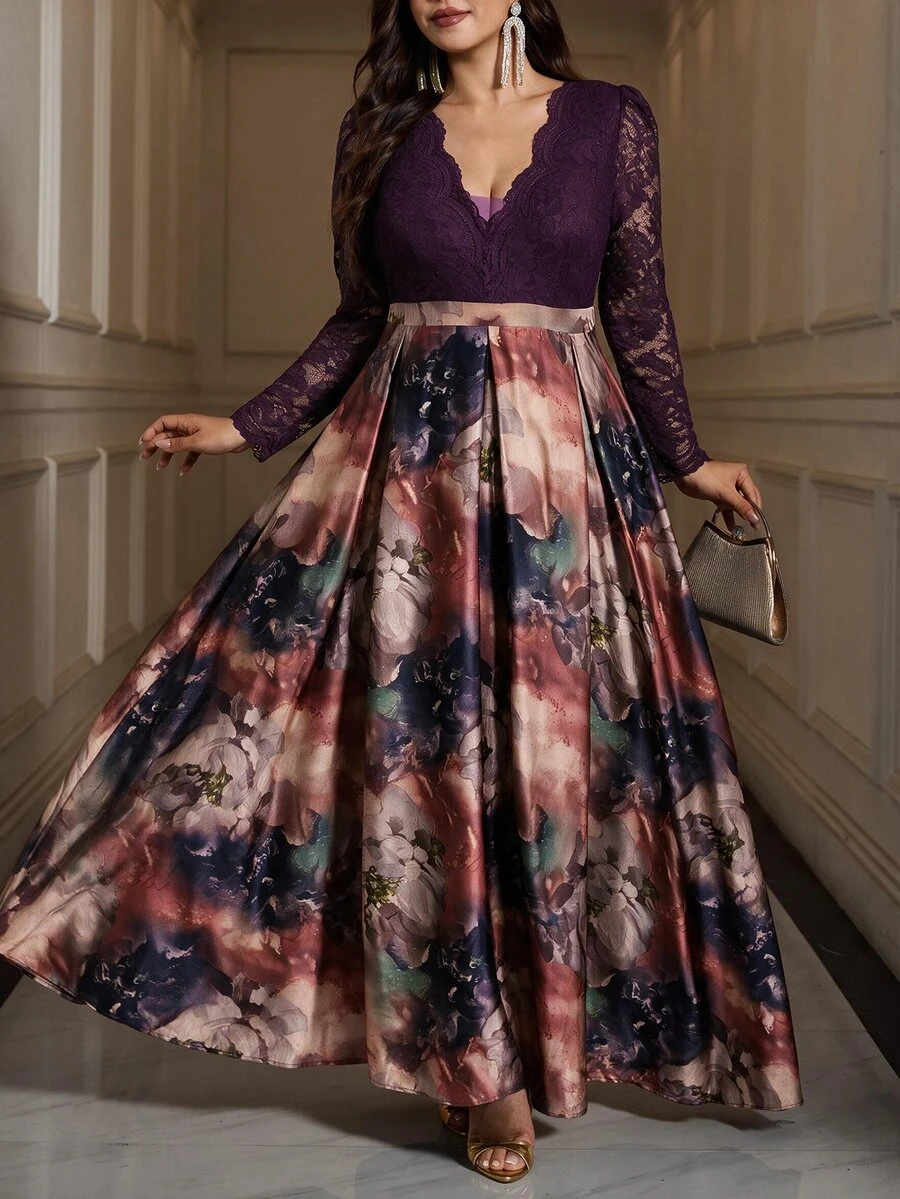 SHEIN Clasi 大尺碼女款V領花卉印花休閒派對洋裝 - 彩色 - 查看 1