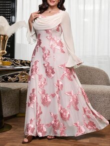 Reflora 大尺碼女款緹花喇叭袖百褶優雅洋裝 - 粉色 - 查看 3
