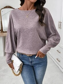 Editum Women's Autumn/Winter New Elegant Round Neck Apricot Soft Color Long Sleeve T-Shirt, Suitable For Daily And Multiple Occasions - Dusty Purple - View 3