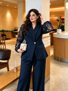Modelyn Navy Blue Plus Size Elegant Commuter Fashionable Lady Suit Set With Lace Long Sleeve Fitted Blazer And Straight Leg Pants - Navy Blue - View 1