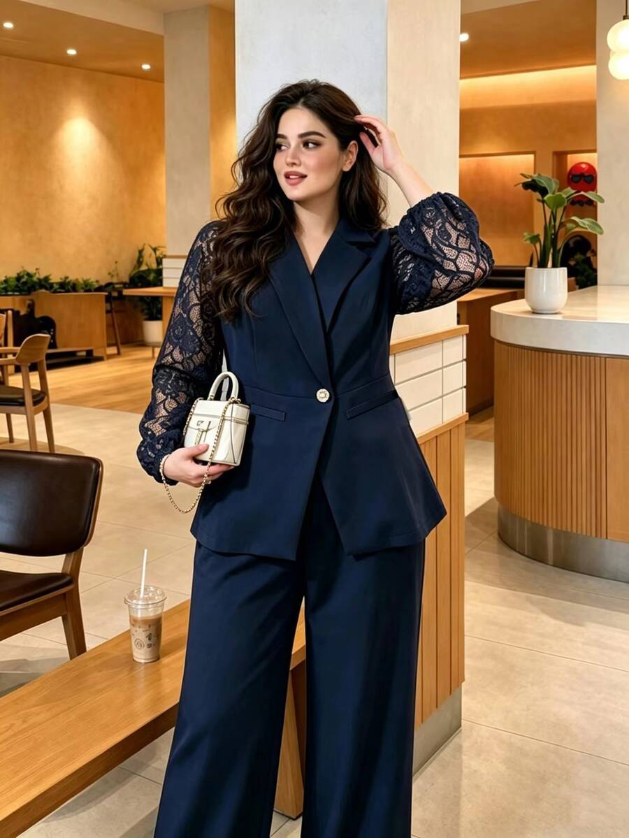 Modelyn Navy Blue Plus Size Elegant Commuter Fashionable Lady Suit Set With Lace Long Sleeve Fitted Blazer And Straight Leg Pants - Navy Blue - View 1