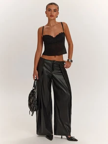 SHEIN BAE Pantalones largos plisados de cuero negro versátiles de moda para mujer otoño/invierno, atuendo de moda vintage, ropa de calle diaria, ropa de oficina para ir al trabajo, atuendo para fiesta en discoteca, atuendo para festival de música, atuendo para volver a la escuela - Negro - Ver 1
