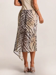 SHEIN BAE Fall Apricot Animal Print High Waist Asymmetrical Flowy Chiffon Midi Skirt Vacation Boho Date Street Casual Beach - Multicolor - View 2