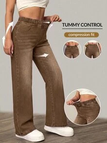 Flexra Fall Casual High Waist Straight Leg Tummy Control Stretchy Brown Denim Gym Daily Wear Plus Size Jeans For Women - Brown - View 1