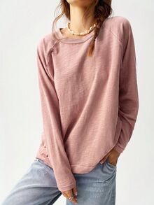 Bohemela 大尺碼女款素色圓領插肩袖長袖休閒寬鬆版型T恤 - 粉色 - 查看 4