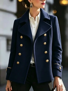 RosyDaze Women's Elegant Double-Breasted Pocket Long Sleeve Overcoat - Navy Blue - View 5