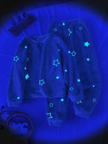 SHEIN 兒童青少年男孩星星圖案灰色毛絨布料居家休閒服 2件套 秋季 - 灰色 - 查看 2