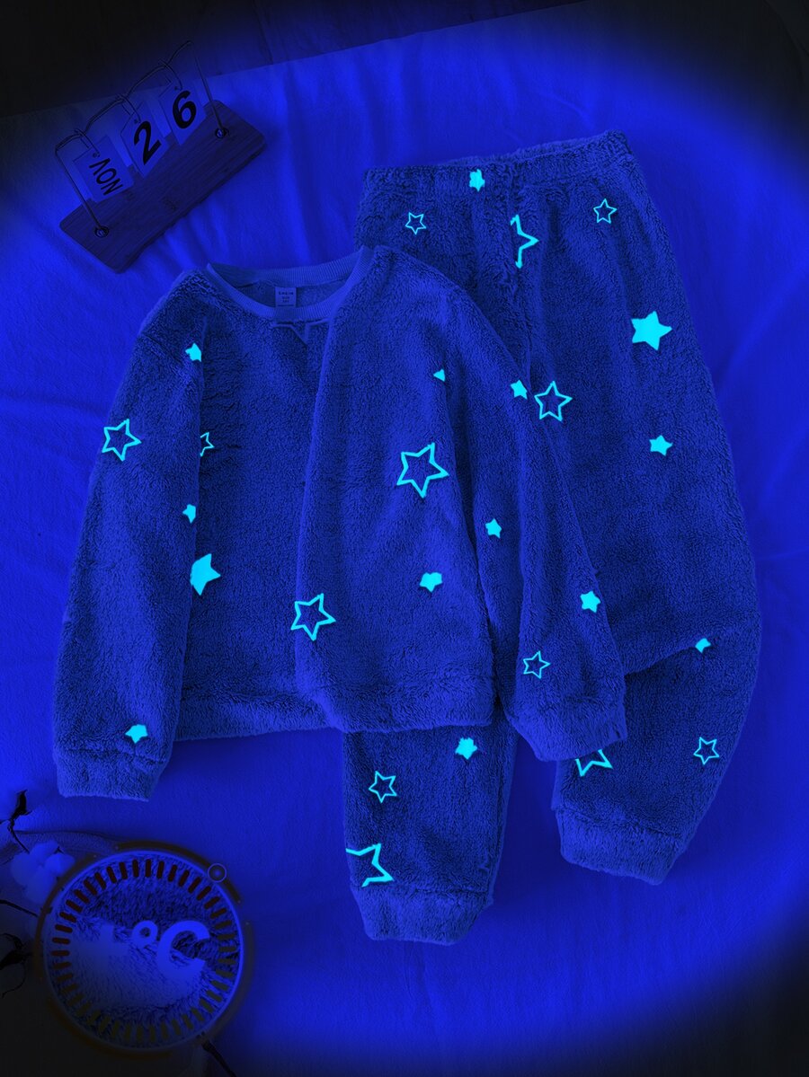 SHEIN 兒童青少年男孩星星圖案灰色毛絨布料居家休閒服 2件套 秋季