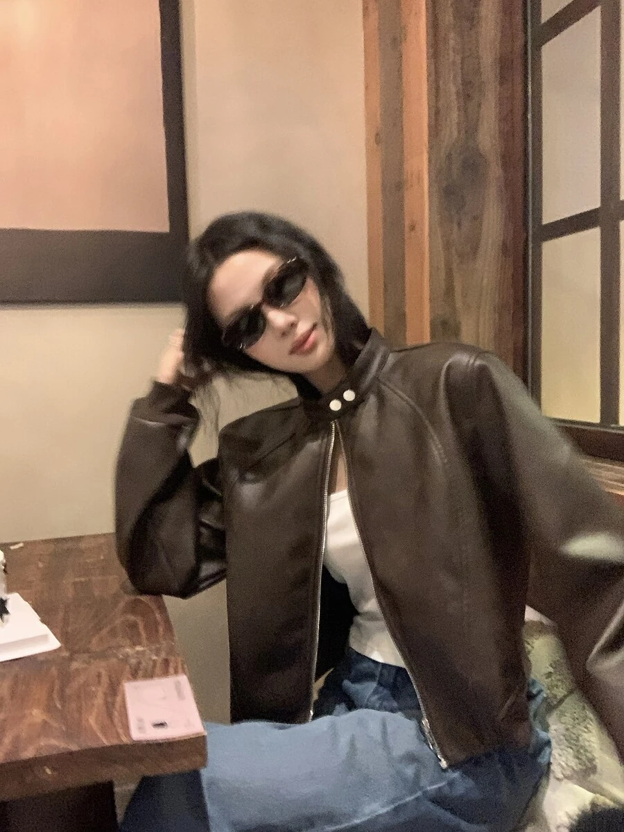 DAZY Women's Solid Color PU Leather Long Sleeve Zipper Front Casual Jacket - Black - View 1