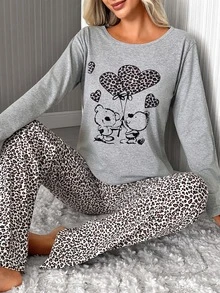SHEIN %100 Cotton Women 2 Pcs Sleeveless Leopard Heart Cartoon Patterned Sleep Top + Elastic Waist Relaxed - Multicolor - View 4