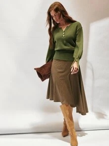 SHEIN Women's Sweater Slim Fit Lantern Sleeve Knitted Henley Neck Metal Buttons Ribbed Hem Elegant Retro Casual Green Solid Fall Clothes For Women Autumn - Army Green - View 5