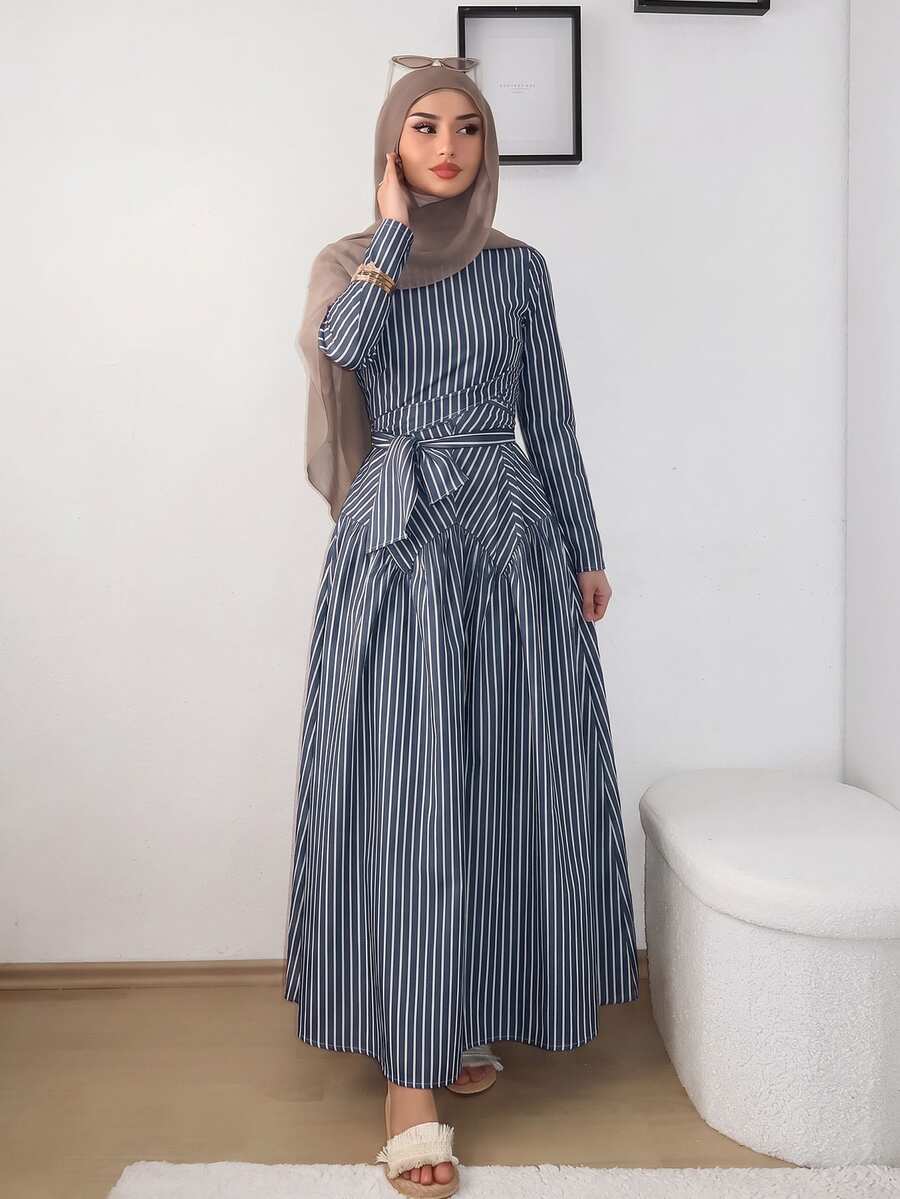 Solavon 女款時尚藍白條紋長袖度假洋裝,適合茶會、上班、早午餐、日常穿著,秋季端莊風 - 藍白色 - 查看 1