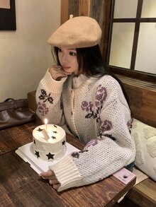 DAZY Women's Floral Decor Loose Knit Cardigan - Beige - View 5