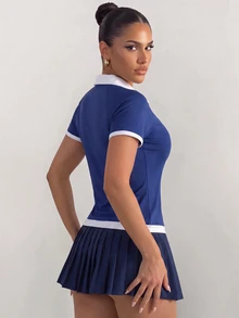 Easithlete Easithlete Women's Casual Striped Colorblock Short Sleeve Sports Polo Shirt - Navy Blue - View 2