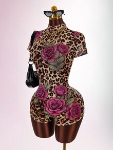 Amplova Leopard Print Bowknot Strap Fitted Short Sleeve Ruched Floral Semi-Sheer Sexy Women's Mini Bodycon Jumpsuit - Purple - View 7