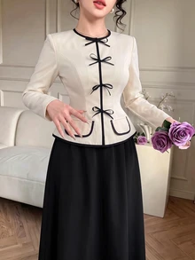 Modelyn Women's Black & White Colorblock Cinched Waist Jacket & Midi Skirt 2 Pieces Set - Black and White - View 5