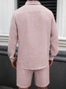 Manfinity CasualCool 男士純色長袖襯衫與短褲休閒日常兩件套 - 粉色 - 查看 2