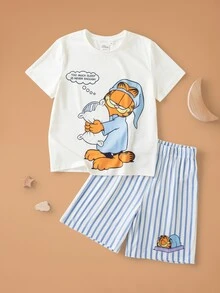 GARFIELD | SHEIN Pakaian Santai untuk Remaja Laki-Laki: Atasan Lengan Pendek dan Celana Pendek Bergambar Kartun - Biru - View 1