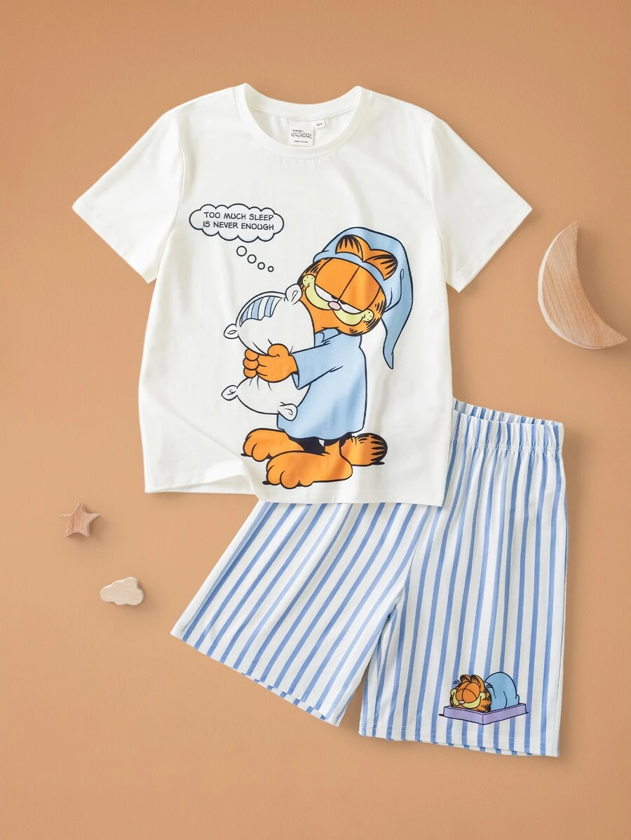 GARFIELD | SHEIN Pakaian Santai untuk Remaja Laki-Laki: Atasan Lengan Pendek dan Celana Pendek Bergambar Kartun - Biru - View 1