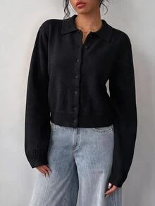 SHEIN BASICS 女款素色長袖單排扣休閒針織開襟衫 - 黑色 - 查看 8