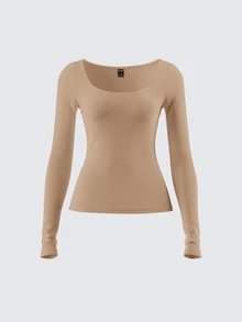 SHEIN BASICS 女款休閒針織修身長袖圓領基本款T恤，冬季女裝穿搭 - 駝色 - 查看 3
