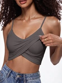 SHEIN BASICS 女款素色休閒日常穿搭細肩帶背心上衣 - 深灰色 - 查看 3