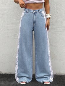 Rivivi Plus Size Women's Lace Patchwork Casual Daily Wear Denim Jeans - Medium Wash - View 4