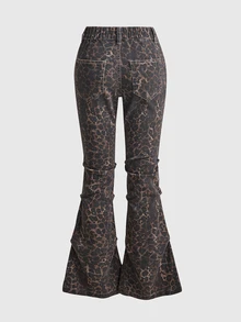 ROMWE Grunge Punk Women's Sexy Leopard Print Skinny Stretch Stacked Flare Jeans - Brown - View 2