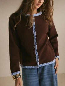 Poéselle Women's Contrast Color Long Sleeve Knit Cardigan, New Autumn/Winter Style - Coffee Brown - View 1