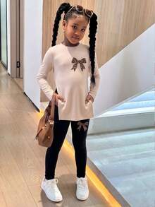 青少年女孩寬鬆長袖上衣與側開衩緊身褲 2 件套，卡通圖案 - 彩色 - 查看 3
