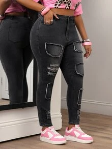 Slaydiva Celana Jeans Denim Kasual Serbaguna Model Skinny Berbahan Denim Sobek untuk Wanita Ukuran Plus dengan Kantong - Hitam - View 5