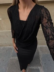 Firerie Women's Autumn/Winter Long Sleeve Ruched 2 In 1 Slim Fit T-Shirt Lace Top, Black Lace Top, Suitable For Romantic Date And Party Wear - Black - View 7
