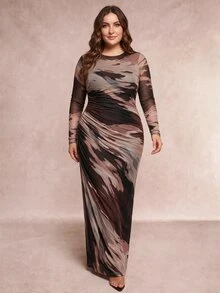 SHEIN Tall CURVE 大尺碼紮染長袖抓皺度假洋裝 秋季款 - 彩色 - 查看 7