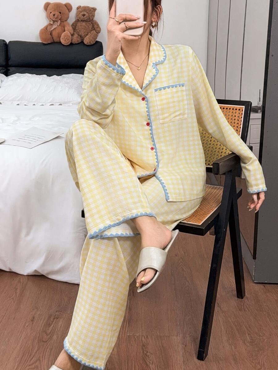 Napfluff Women's Woven Plaid Print Contrast Trim Long Sleeve Long Pants Pajama Set - Yellow - View 1