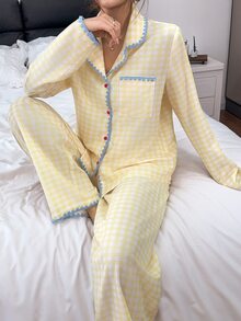 Napfluff Women's Woven Plaid Print Contrast Trim Long Sleeve Long Pants Pajama Set - Yellow - View 6