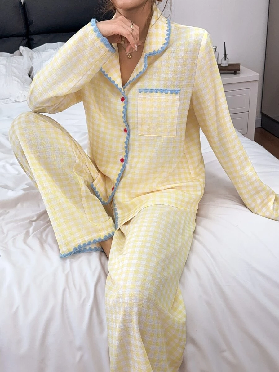 Napfluff Women's Woven Plaid Print Contrast Trim Long Sleeve Long Pants Pajama Set - Yellow - View 1