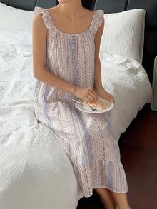 DAZY Vestido Longo de Dormir Feminino com Alças Finas e Babado Floral Delicado - Roxo - Visão 5