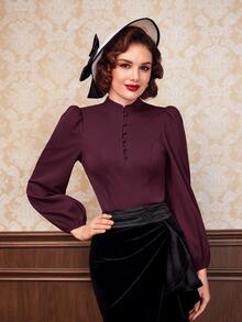 Vintamour Áo blouse nữ màu trơn thiết kế cúc tay dài phồng - Màu đỏ tím - Xem 5