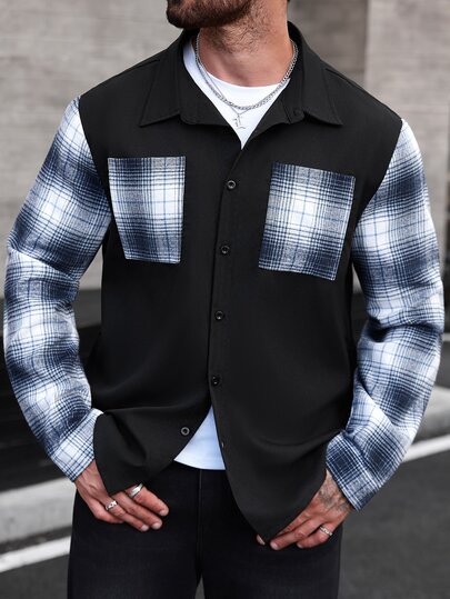 Manfinity Homme Große Größen Schwarz & Blau Patchwork Langarmhemd