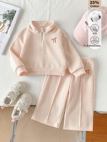 SHEIN Playful Pals 女嬰秋季2件套休閒服飾組，半拉鍊立領運動衫搭配寬腿長褲，刺繡設計 - 杏色 - 查看 1