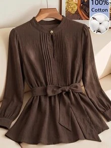 SHEIN Clasi Women's Solid Color Pleated Casual Versatile Daily Long Sleeve Shirt - Coffee Brown - View 1