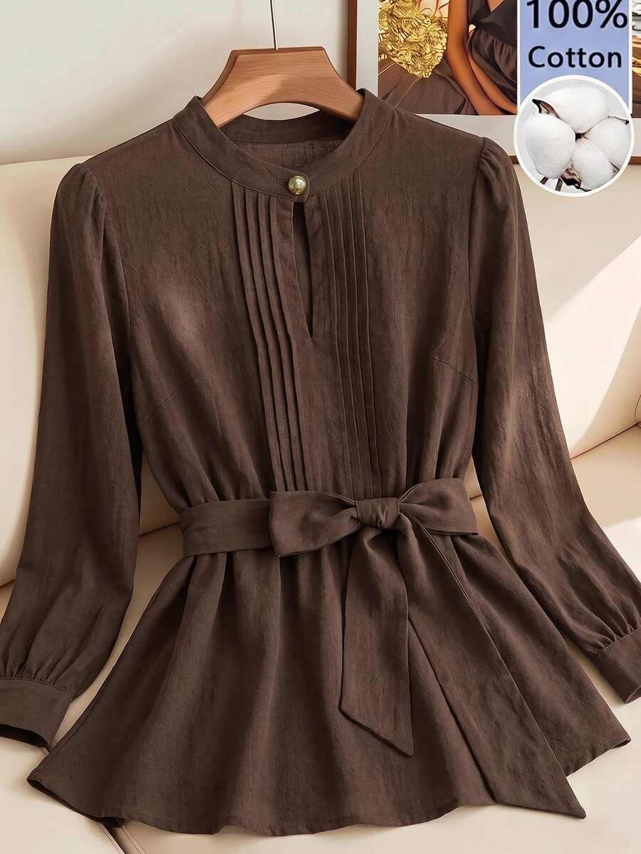SHEIN Clasi Women's Solid Color Pleated Casual Versatile Daily Long Sleeve Shirt - Coffee Brown - View 1