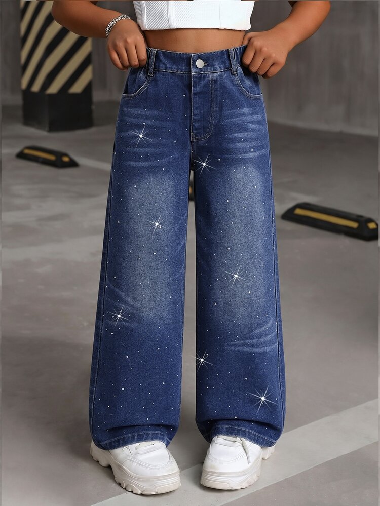 SHEIN Girls' Luxurious Vintage Rhinestone Embellished Full Glitter Denim Jeans, Blue Washed, Comfortable Fashion, Streetwear, Suitable For Parties And Holidays - Dark Wash - View 7