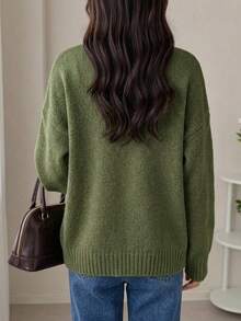 DAZY Women's Solid Color Drop Shoulder Crew Neck Casual Loose Pullover Sweater - Green - View 6