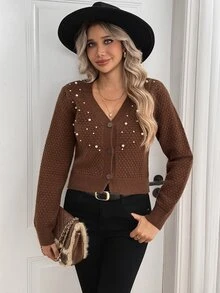 SHEIN كارديجان نسائي بأكمام طويلة أنيق مزين بالخرز محبوك للخريف/الشتاء - قهوة بني - مشاهدة 5