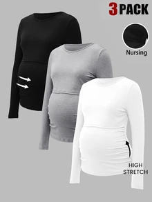 Modmama 3件裝哺乳純色長袖上衣 - 彩色 - 查看 17